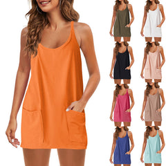 Sleeveless Spaghetti Strap Summer Mini Dress with Pockets
