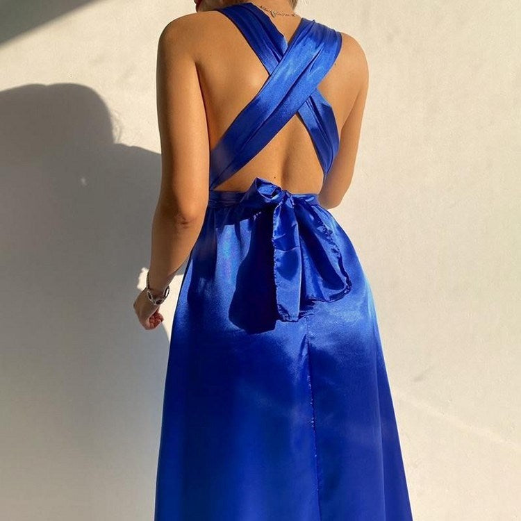 Sleeveless V-Neck  Evening Dress with Waist Tie in 3 Colors XXS-3XL