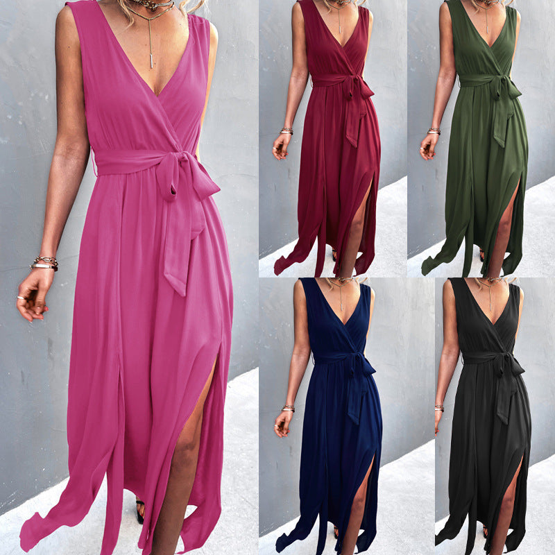 V-Neck Sleeveless Dress with Waist Tie and Leg Slit in 5 Colors S-XL