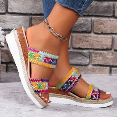 Woven Wide Linen Strap Ethnic Sandals with Wedge Heel