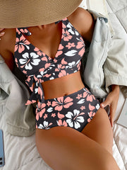 Blumenbikini mit hoher Taille und Schulterbändern