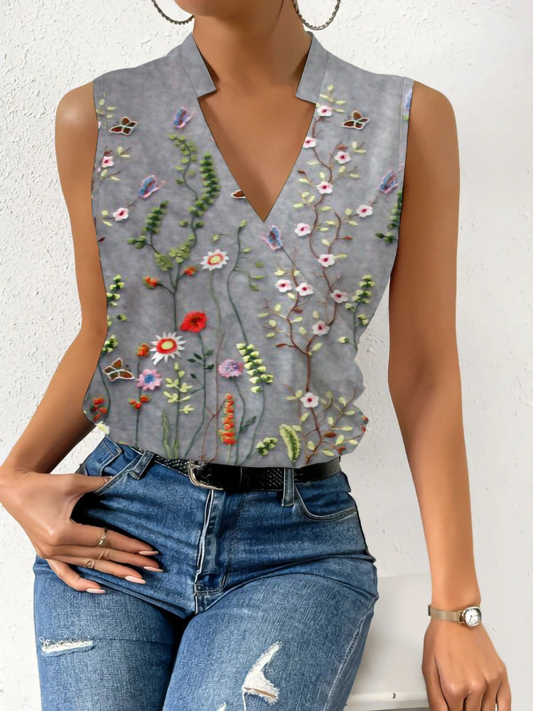 V-Neck Printed Sleeveless Blouse