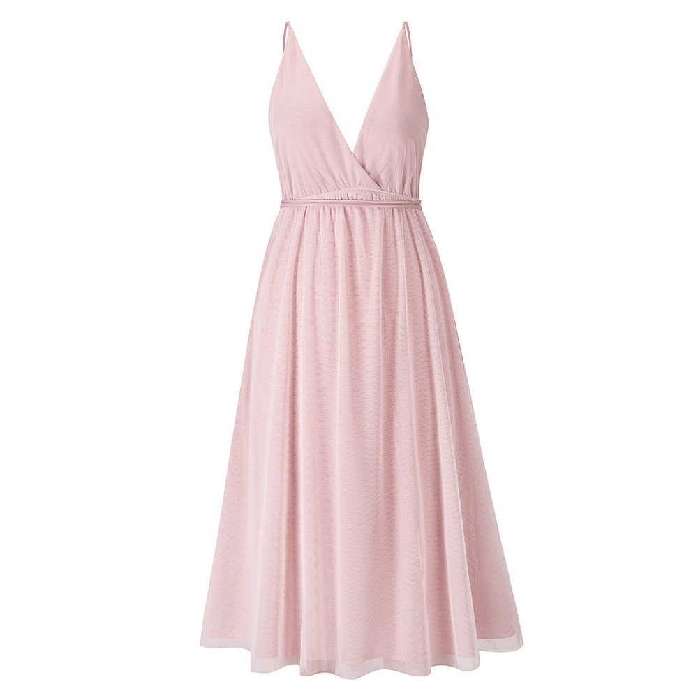 V-Neck Sleeveless Formal Dress with Gauze Overlay