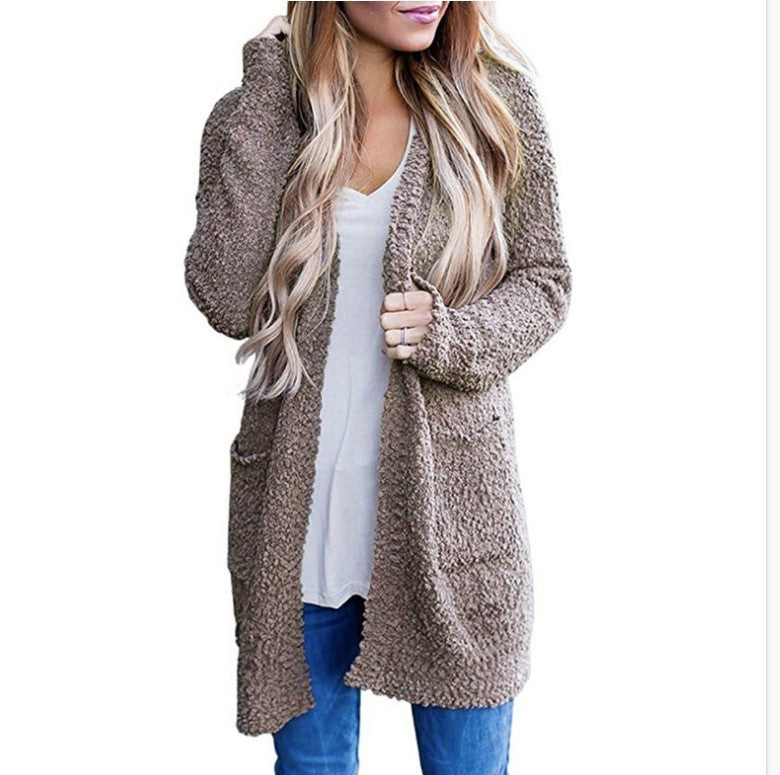 Solid Color Fleece Mid-Length Cardigan