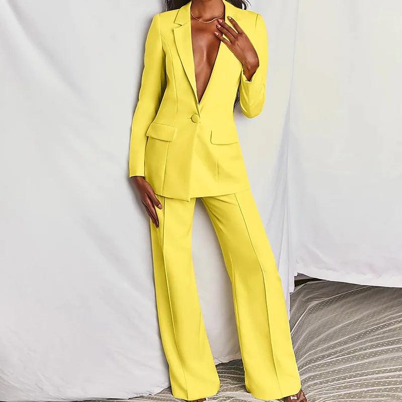 Business Suit with Long Sleeve Jacket and Wide Leg Pants