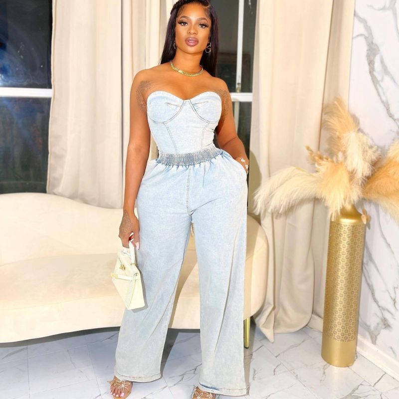 Strapless Elastic Waist Denim Sets