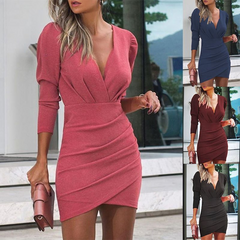 Wickelkleid mit V-Ausschnitt und langen Ärmeln in 4 Farben S-XXL