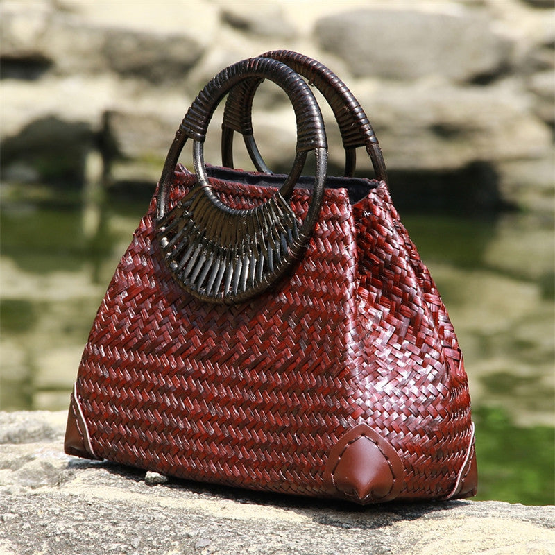 Rattan Straw Hand Bag with Round Wooden Handle in 2 Colors