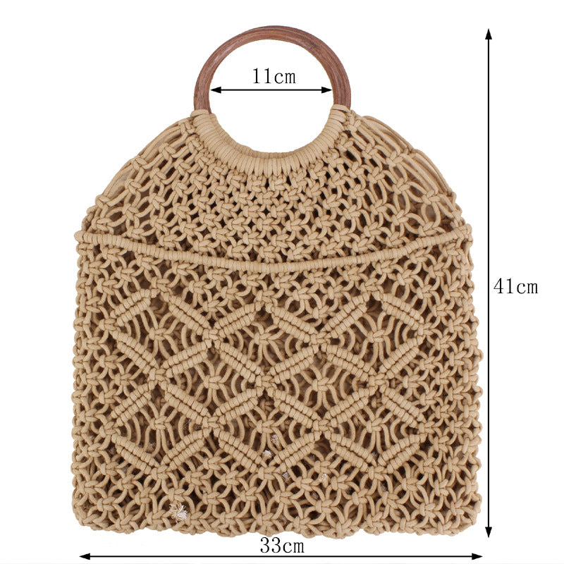 Macrame  Handbag with Wooden Ring Handle