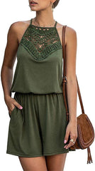 Sleeveless Halter Neck Romper with Lace Panel and Pockets