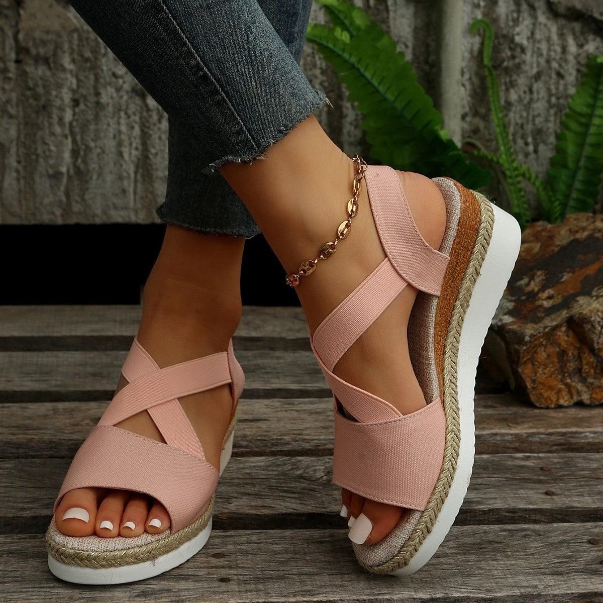 Solid Color Wedge Sandals with Ankle Strap