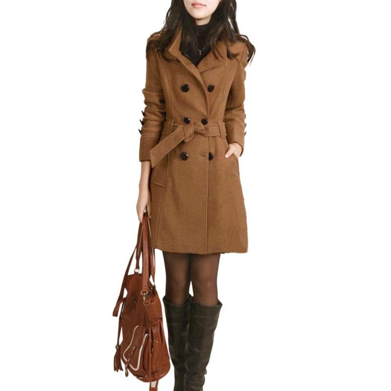 Woolen Long Sleeve Coat with Waist Tie in 2 Colors M-5XL