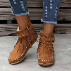 Flat Sole Suede Ankle Boots With Rivets and Tassels