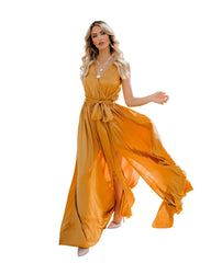 Robe longue sans manches à col en V avec lien à la taille, disponible en 3 couleurs, tailles S à XL