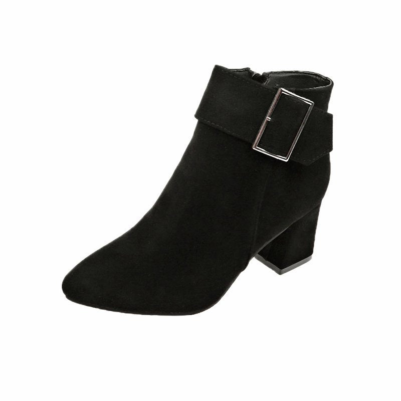 Suede Block Heel Ankle Boots with Pointed Toe