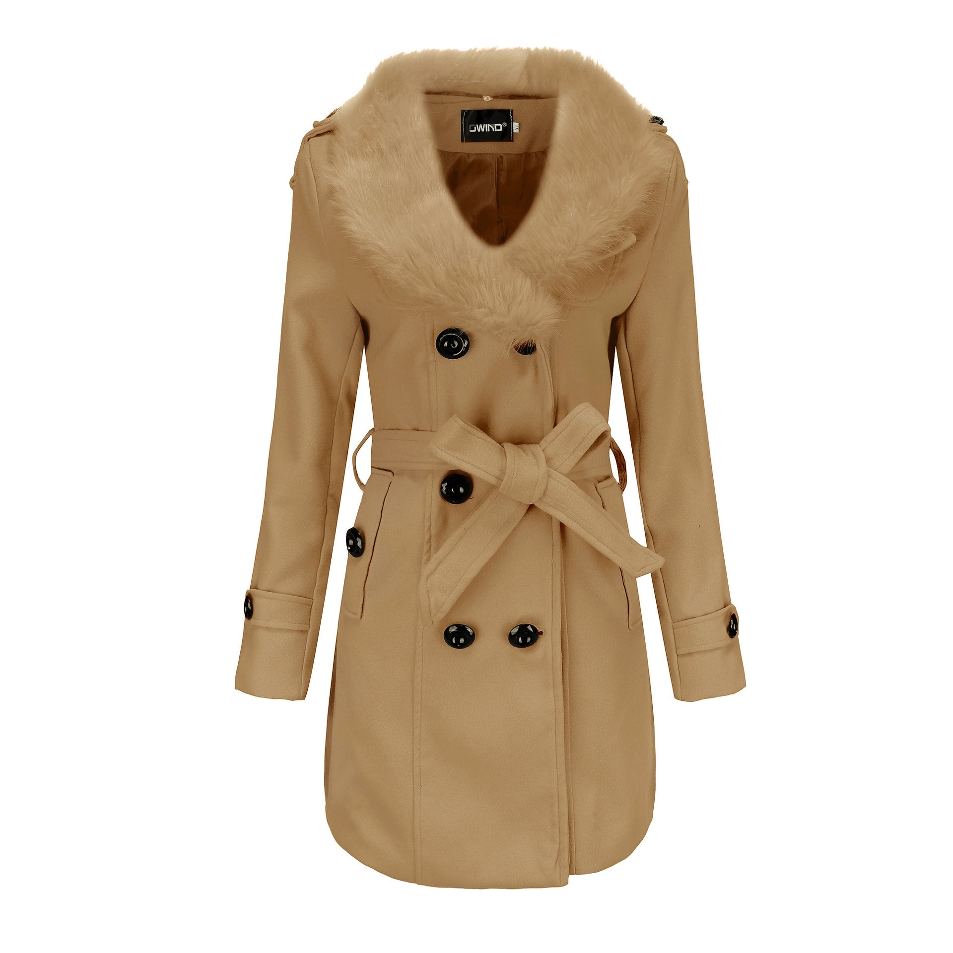 Mid Length Wool Coat with Fur Collar and Waist Tie