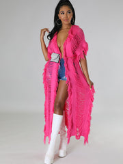 Knit Tassels Short Sleeves Long Cardigan
