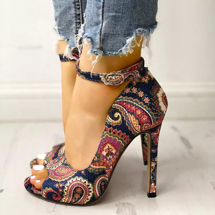 High Heel Patterned Stilettos with Ankle Strap
