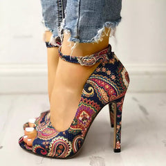 High Heel Patterned Stilettos with Ankle Strap