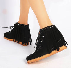 Suede Lace-Up Moccasins with Fringe and Thick Sole in 3 Colors