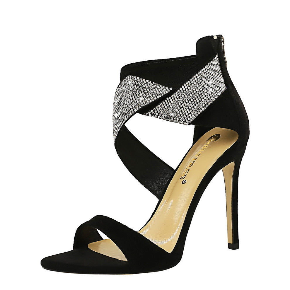 Suede High Heel Open Toe Stilettos with Rhinestones in 6 Colors