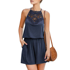 Sleeveless Halter Neck Romper with Lace Panel and Pockets