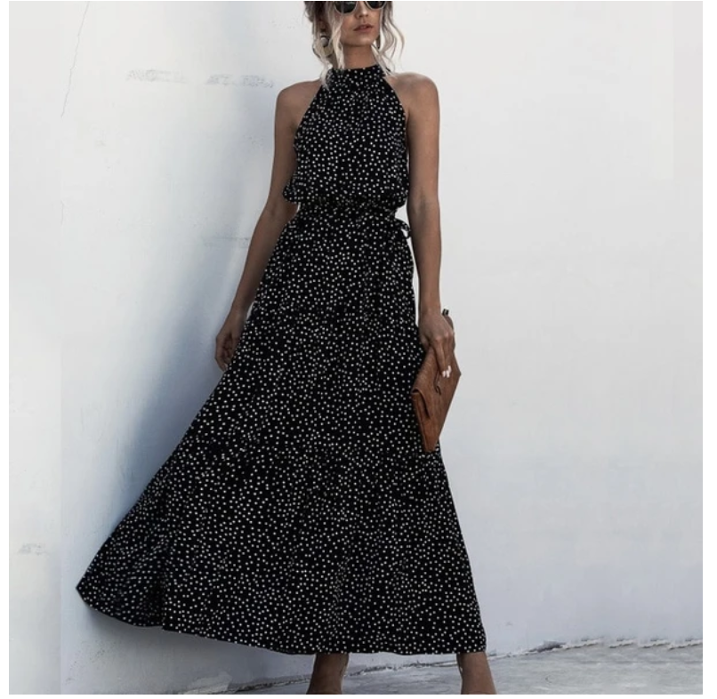Sleeveless Halter Neck Maxi Dress with Waist Tie in 10 Colors S-XL