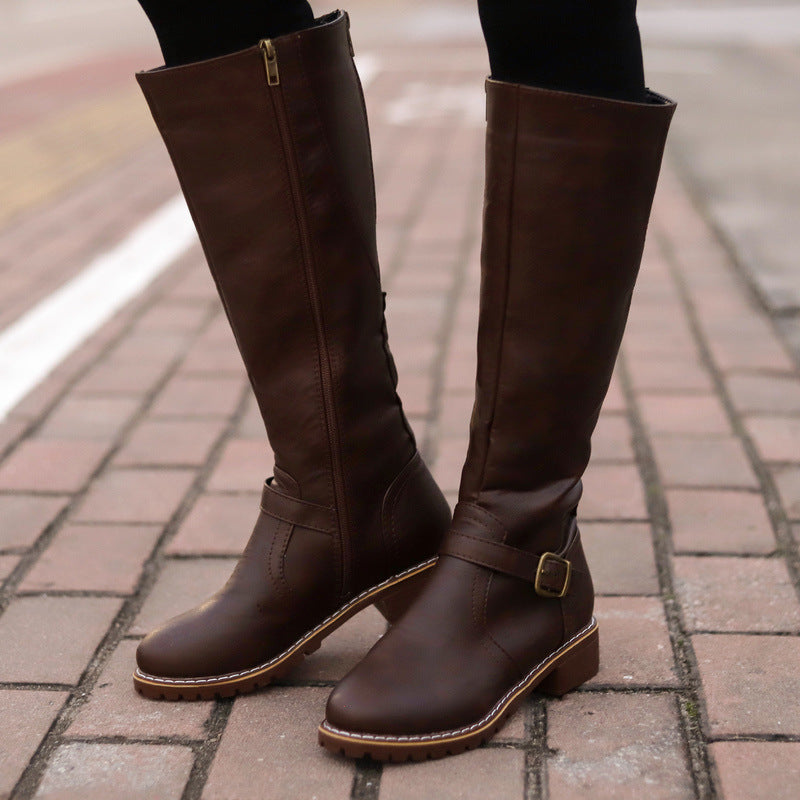 Plush Lined High Boots with Zipper and Buckle in 3 Colors