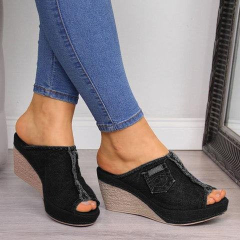 Denim High Heel Wedge Sandals in 2 Colors