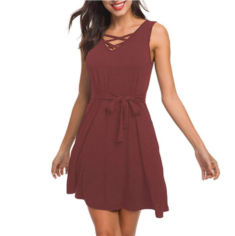 Ärmelloses, lässiges Sommerkleid mit V-Ausschnitt, Taschen und Taillenband in 7 Farben S-XXL