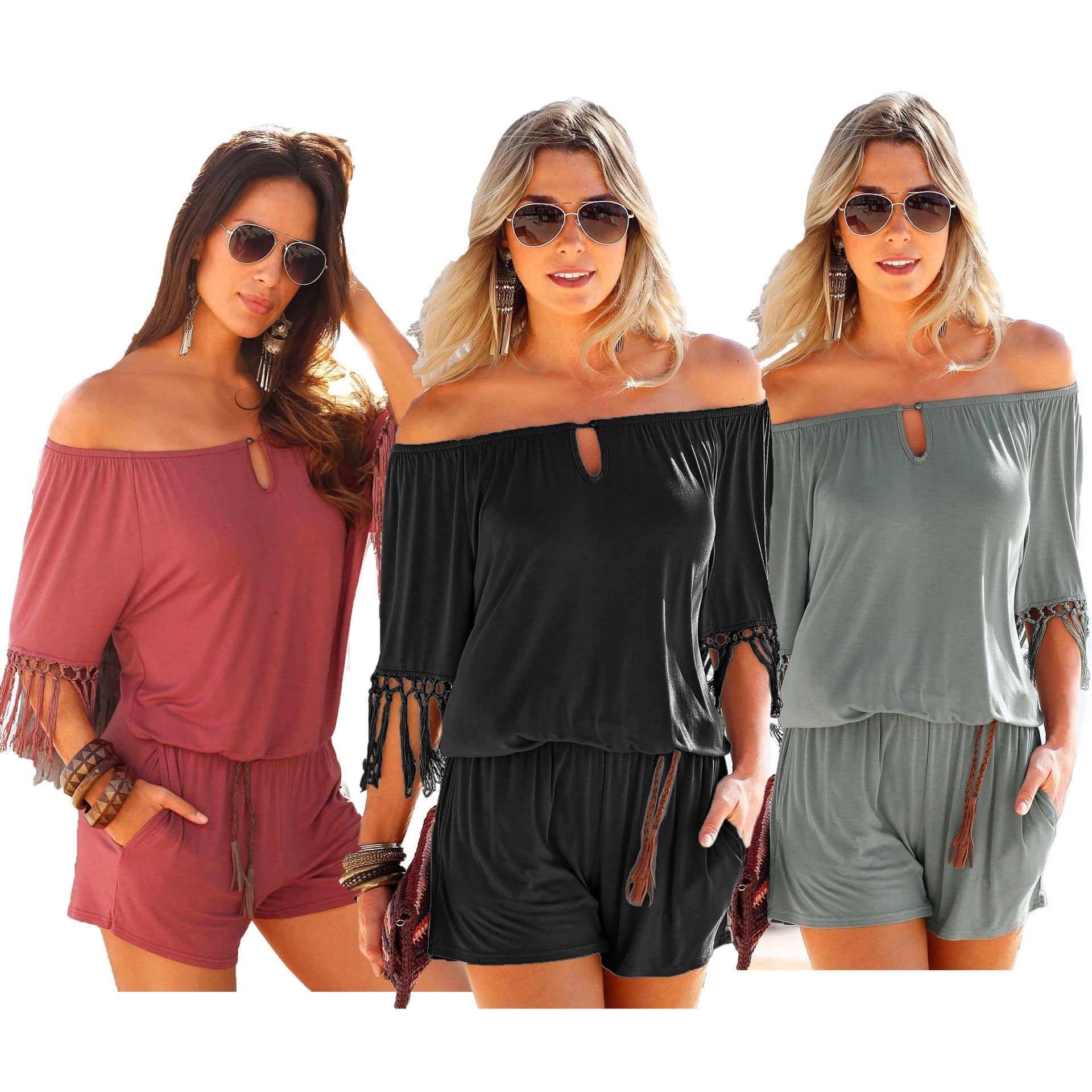 Off-the-Shoulder Romper with Tasseled Short Sleeves and Pockets in 3 Colors S-XXL