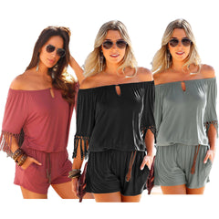 Off-the-Shoulder Romper with Tasseled Short Sleeves and Pockets in 3 Colors S-XXL