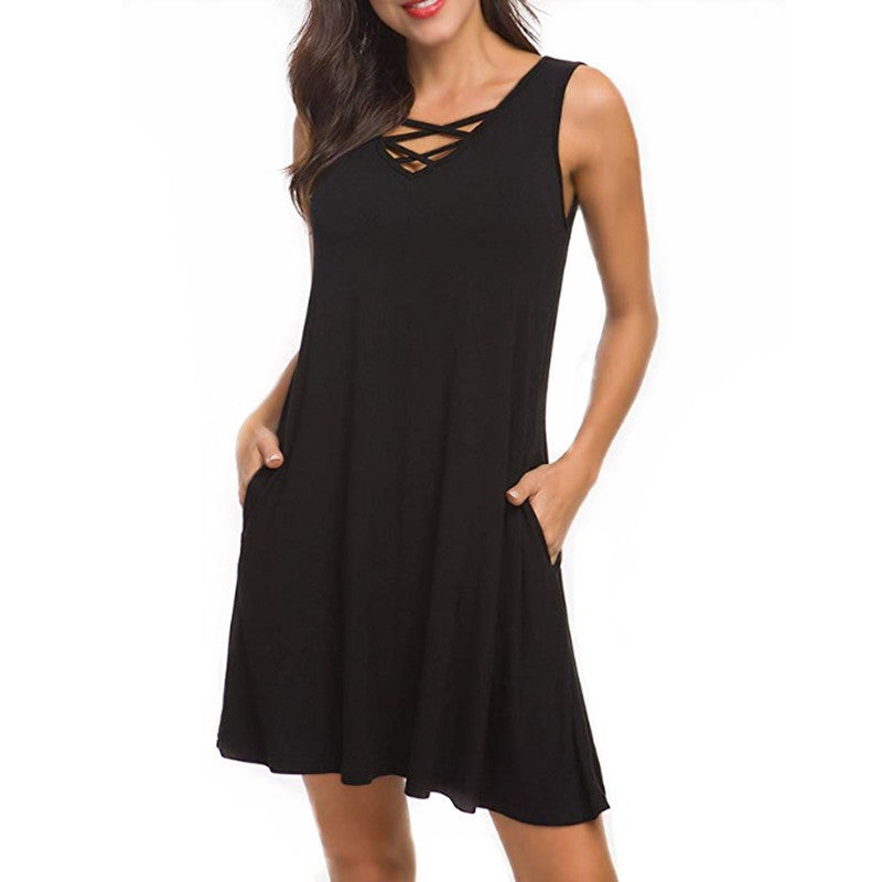 Ärmelloses, lässiges Sommerkleid mit V-Ausschnitt, Taschen und Taillenband in 7 Farben S-XXL