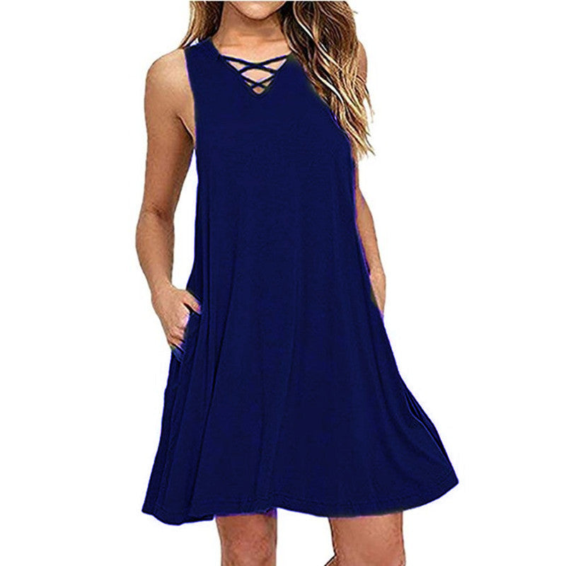 Ärmelloses, lässiges Sommerkleid mit V-Ausschnitt, Taschen und Taillenband in 7 Farben S-XXL