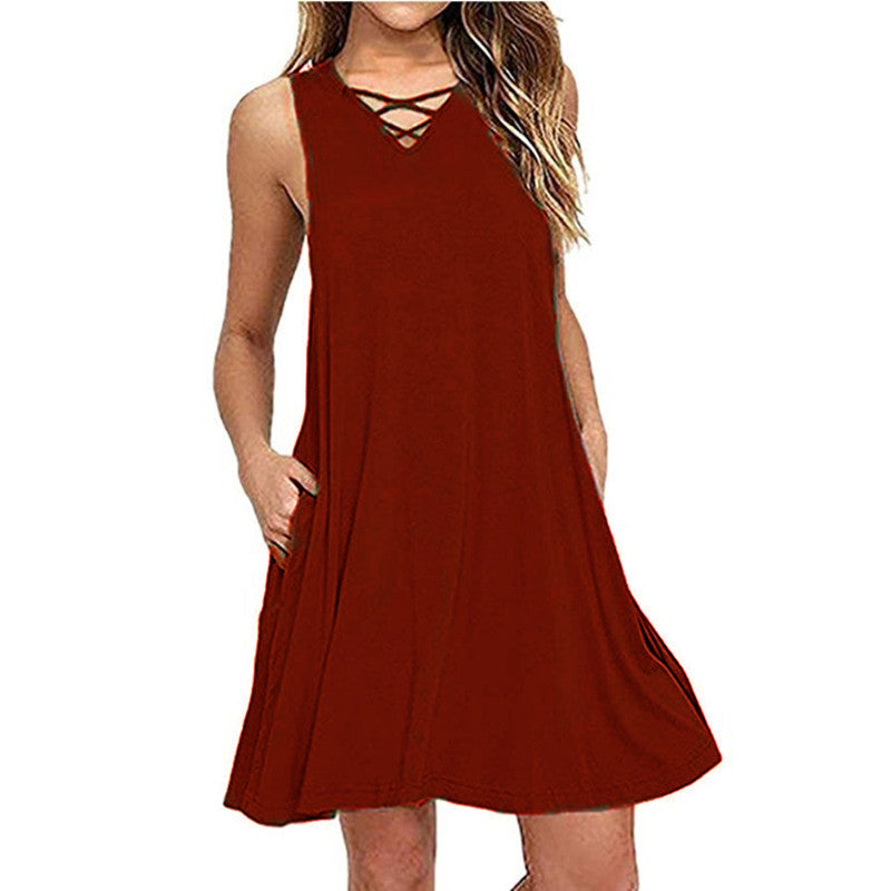 Ärmelloses, lässiges Sommerkleid mit V-Ausschnitt, Taschen und Taillenband in 7 Farben S-XXL