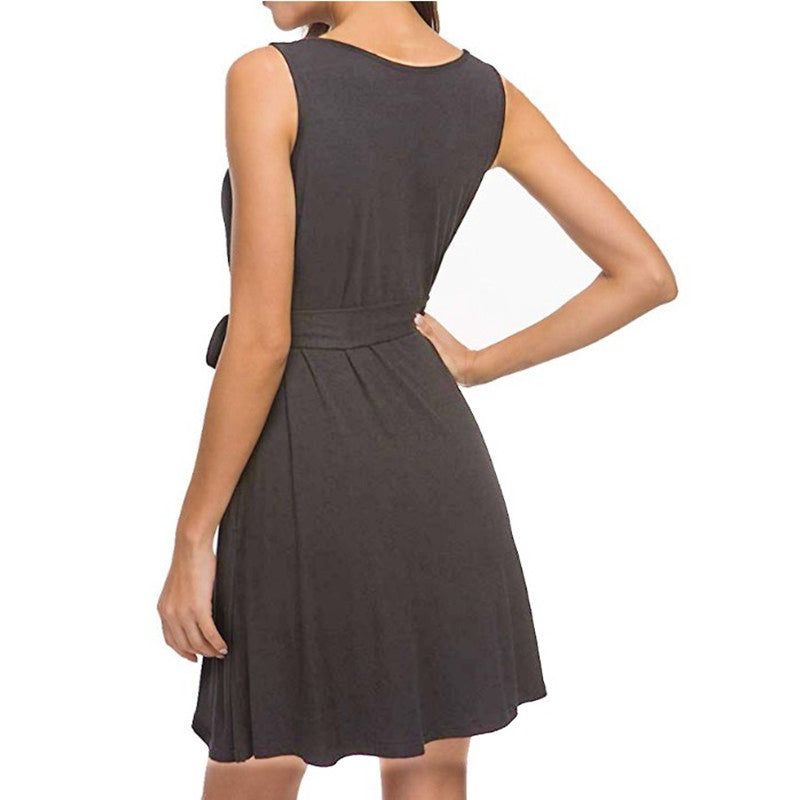 Ärmelloses, lässiges Sommerkleid mit V-Ausschnitt, Taschen und Taillenband in 7 Farben S-XXL