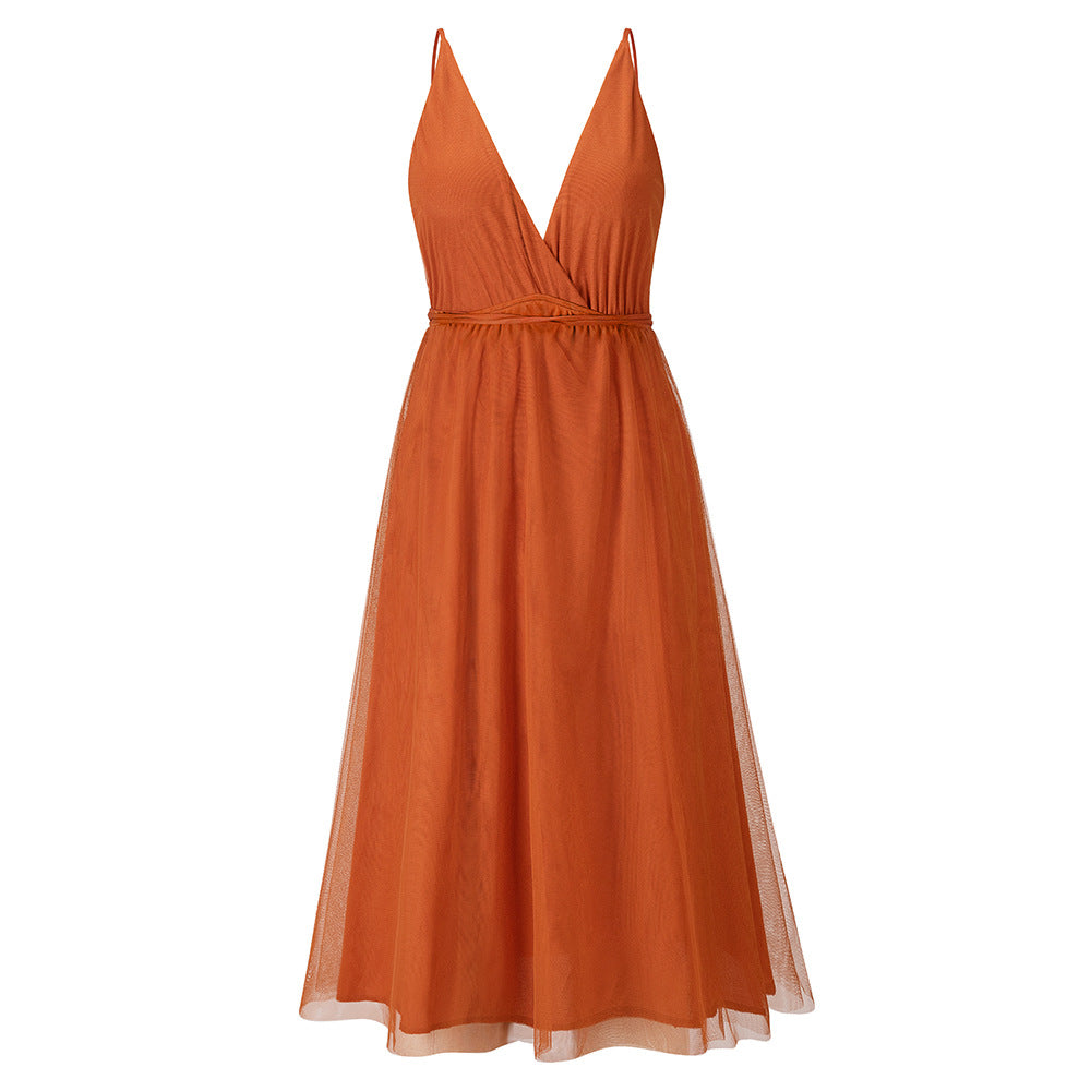 V-Neck Sleeveless Formal Dress with Gauze Overlay