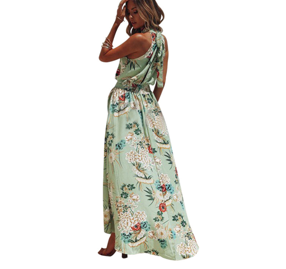 Robe bohème fleurie à col licou et ourlet asymétrique, 2 couleurs, tailles S à XXL
