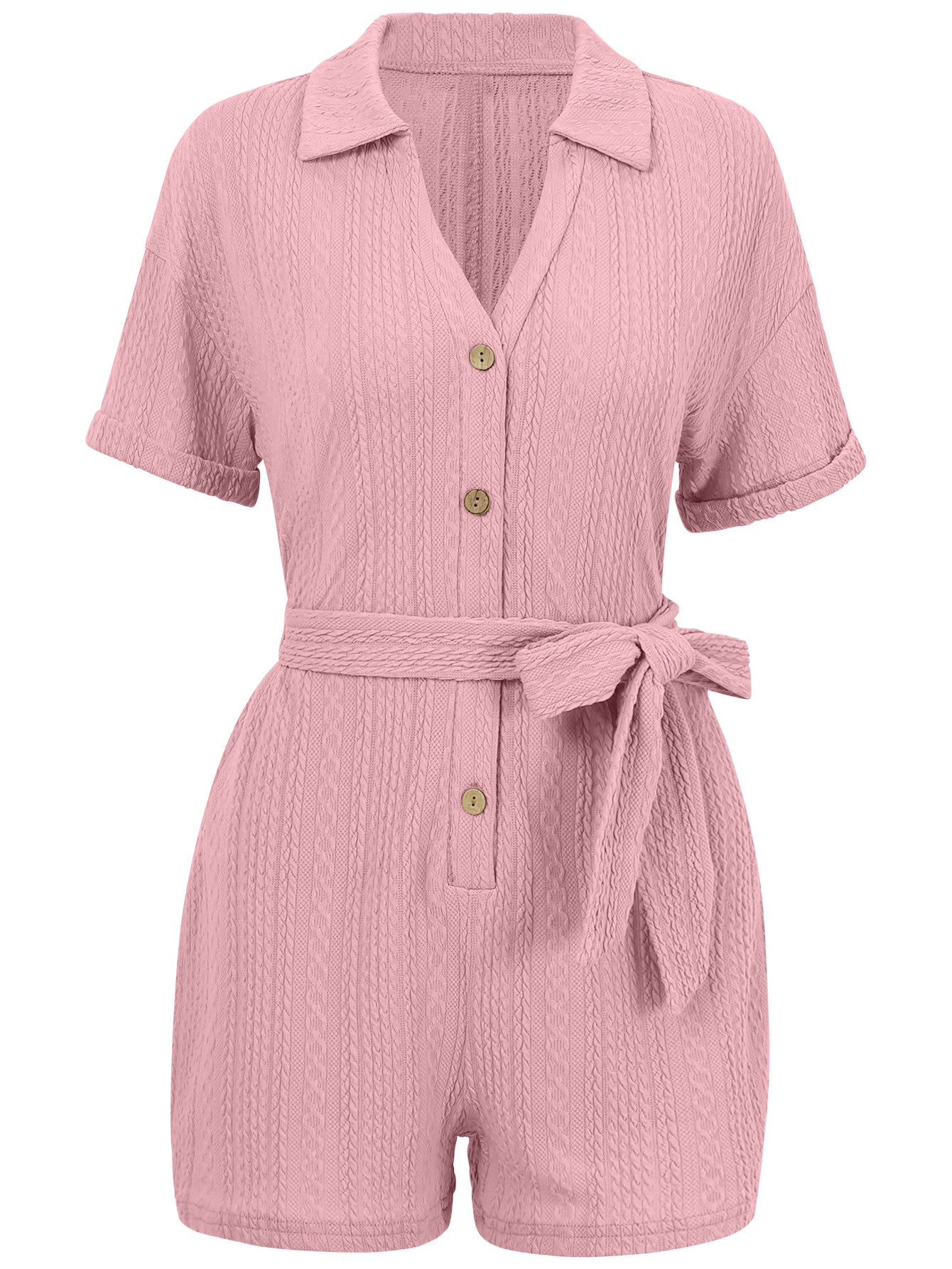 Short Sleeve V-Neck Romper with Lapel and Waist Tie in 3 Colors S-XL