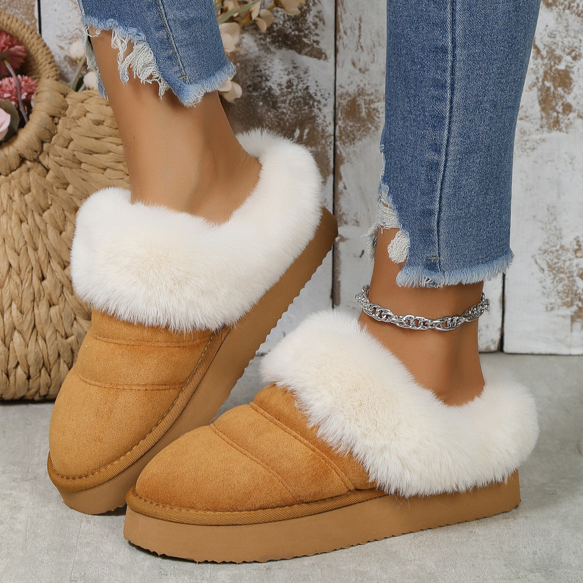 Fleece-Lined Platform Slippers