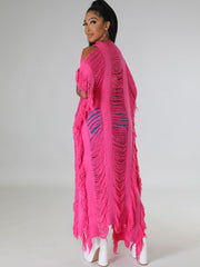 Knit Tassels Short Sleeves Long Cardigan