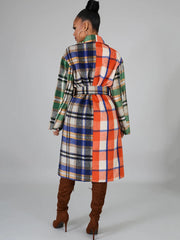 Woolen Long Sleeve Plaid Print Bodycon Coat