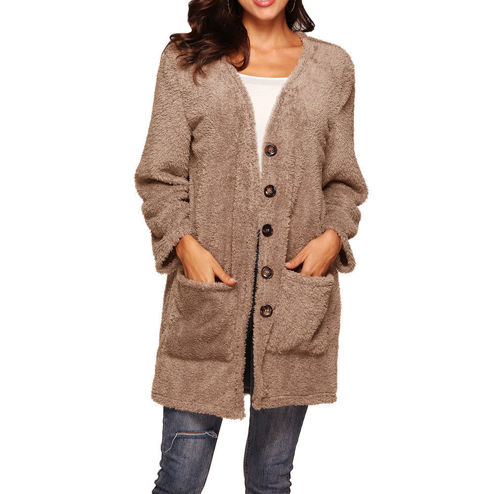 Mittellanger Plüsch-Cardigan mit Taschen in 8 Farben S-5XL