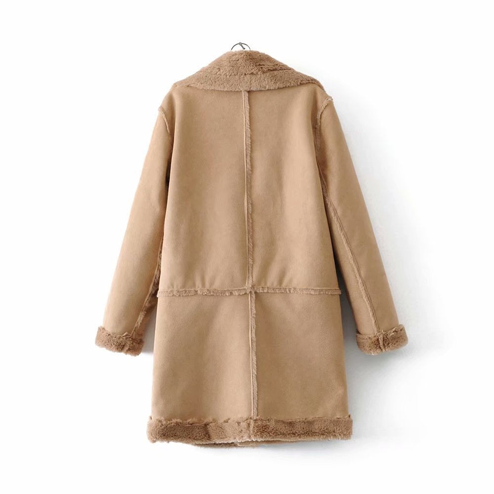 Suede Mid-Length Coat with Warm Lambswool Lining