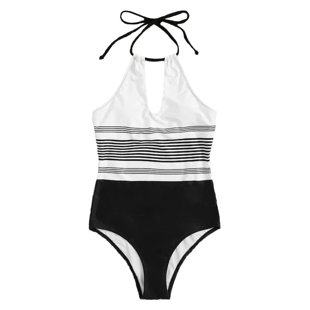 One Piece Black and White Striped Swimsuit S-L