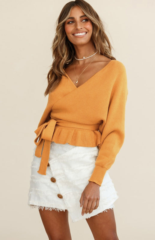 Long Sleeve V-Neck Knit Sweater with Waist Tie in 6 Colors S-XXL