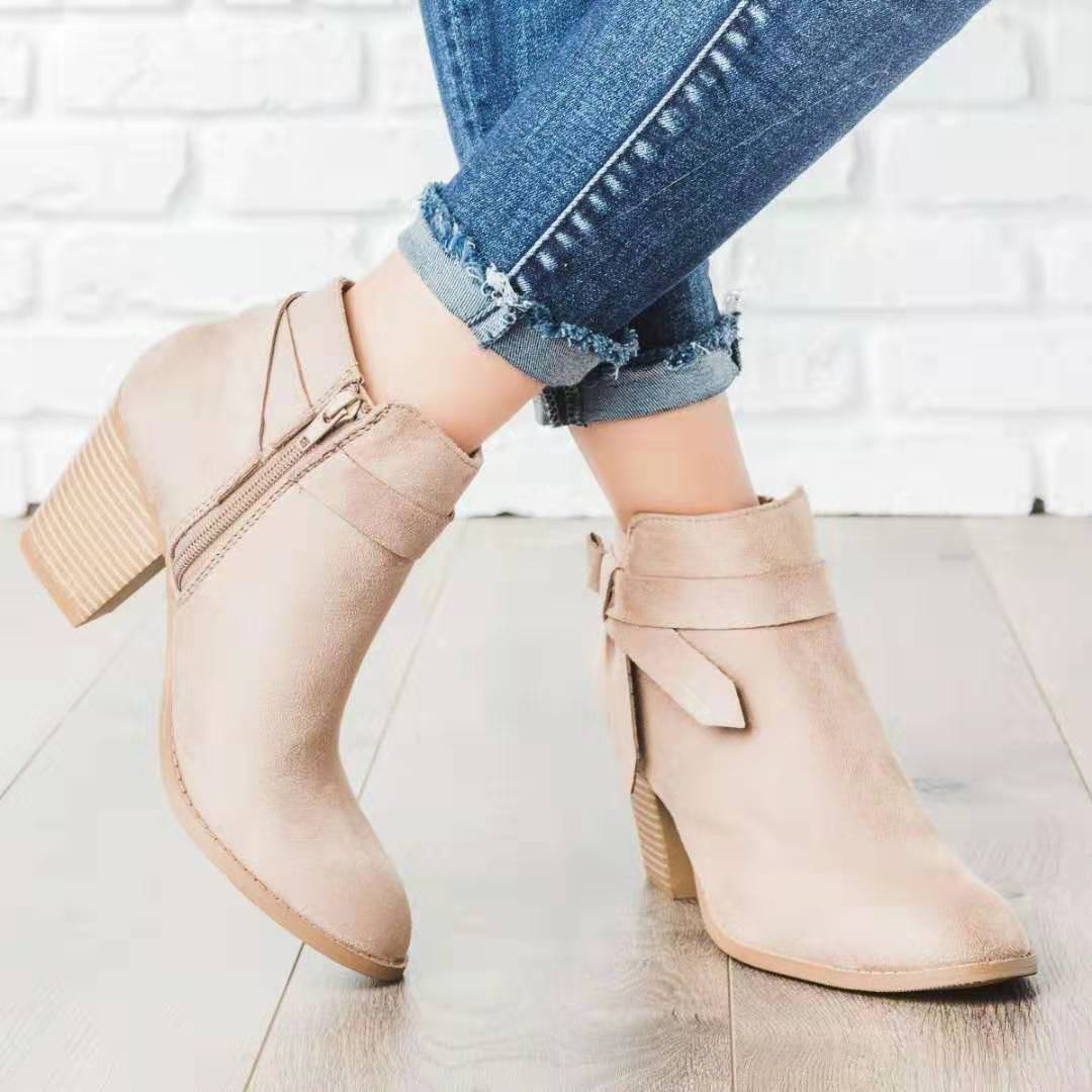 Suede Block Heel Ankle Boots with Side Zipper