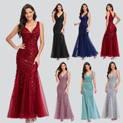 Sleeveless V-Neck Sequin Mermaid Dress in 7 Colors S-XXL