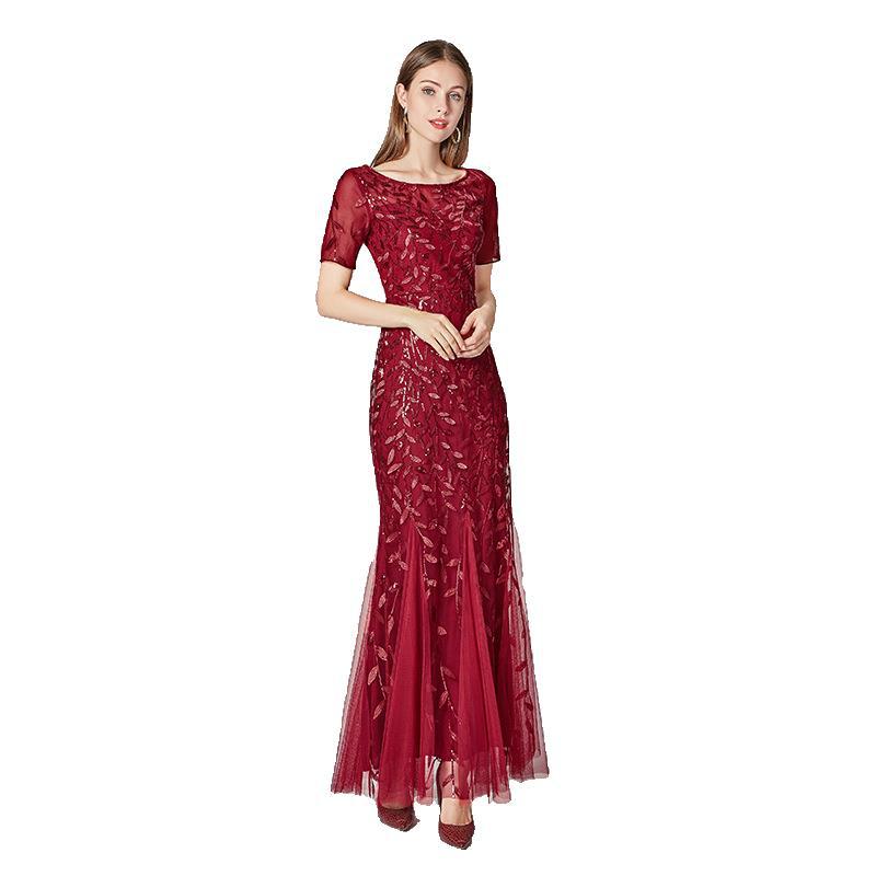 Elegant Short Sleeve Evening Gown with Chiffon and Lace Overlay
