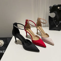 Satin Stilettos with Pointed Toe and Ankle Strap